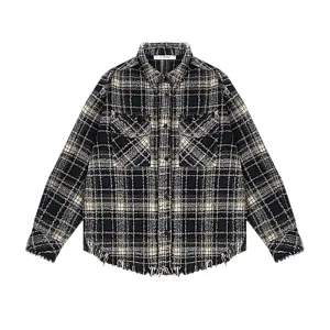 Baggy fit heavy flannel shirt jacket with frayed edge