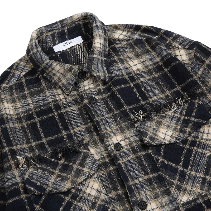 Baggy fit heavy flannel shirt jacket with frayed edge