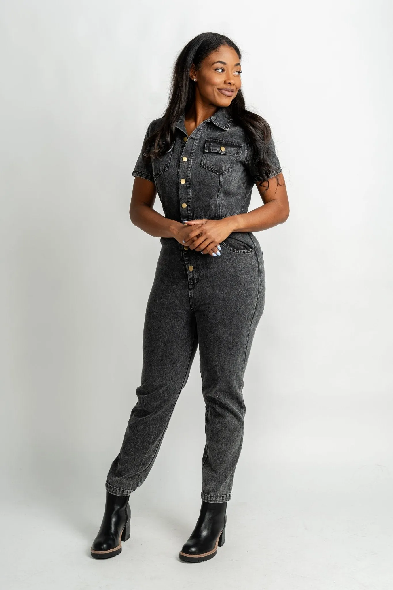 Belted denim jumpsuit black