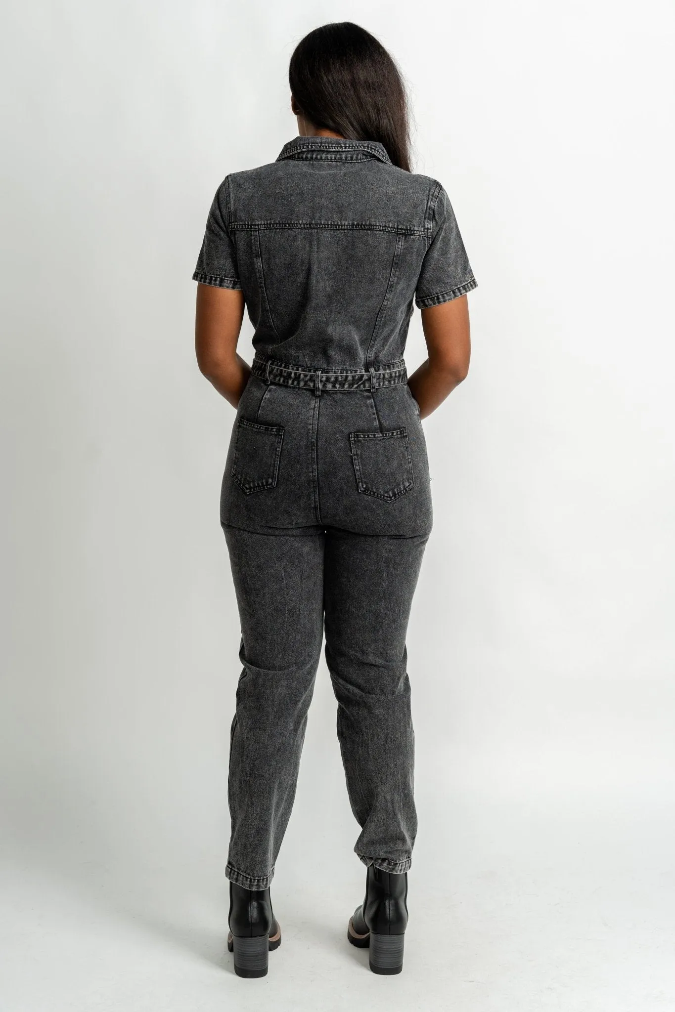 Belted denim jumpsuit black