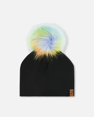 Black Solid Jersey Detachable Multicolored Pompom Hat