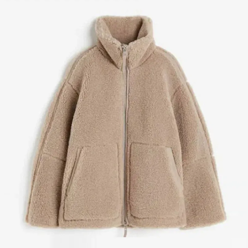 Bonnyshow Casual Loose Plush Women's Coat Fashion Turndown Collar Zipper Long Sleeve Coats New Winter Warm Windproof Women Outerwears