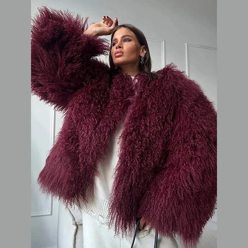 Bonnyshow Luxury Retro Faux Fur Women's Coat Winter Warm Thick Windproof Coats Fashion Plush Solid Color Round Neck Women Outerwears