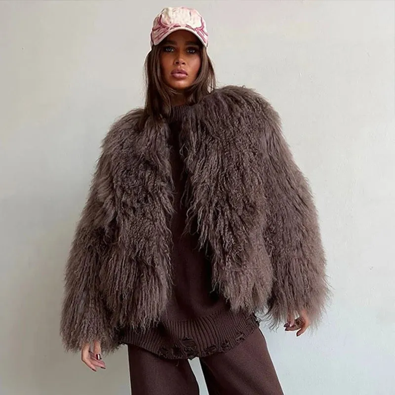 Bonnyshow Luxury Retro Faux Fur Women's Coat Winter Warm Thick Windproof Coats Fashion Plush Solid Color Round Neck Women Outerwears