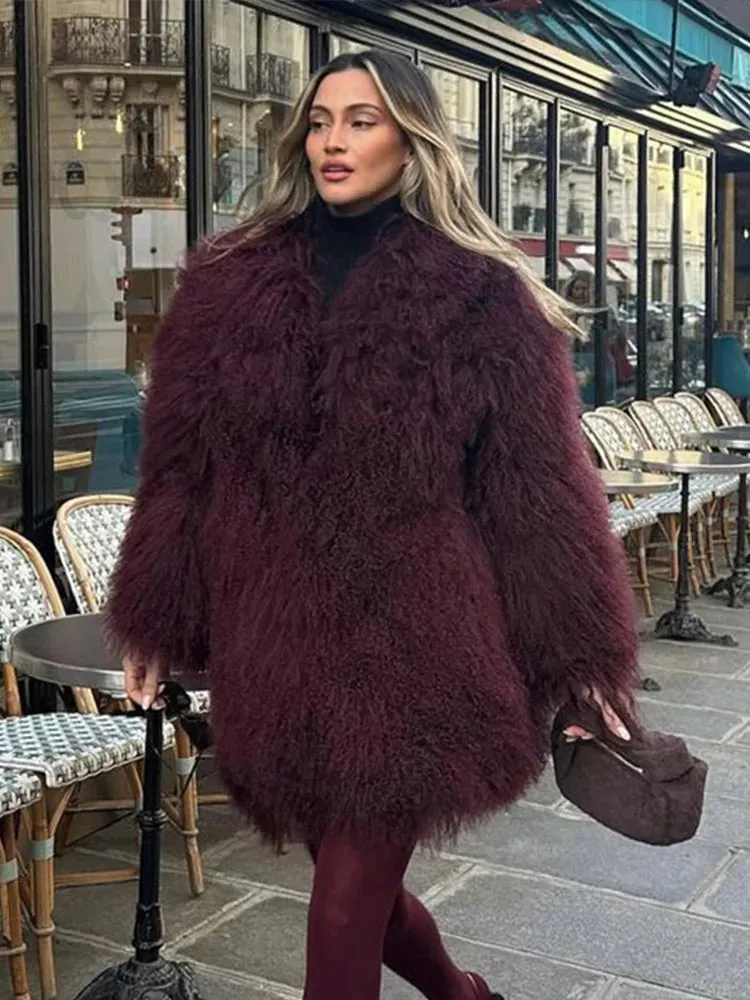 Bonnyshow Retro Luxury Faux Fur Women's Coat Fashion Turndown Collar Long Sleeve Coats Winter Warm Plush Thick Windproof Women Outerwears