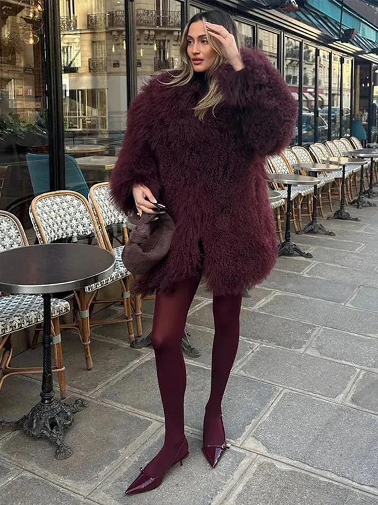 Bonnyshow Retro Luxury Faux Fur Women's Coat Fashion Turndown Collar Long Sleeve Coats Winter Warm Plush Thick Windproof Women Outerwears