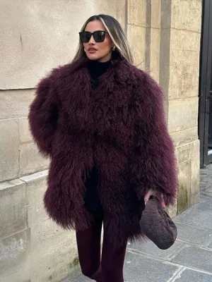 Bonnyshow Retro Luxury Faux Fur Women's Coat Fashion Turndown Collar Long Sleeve Coats Winter Warm Plush Thick Windproof Women Outerwears