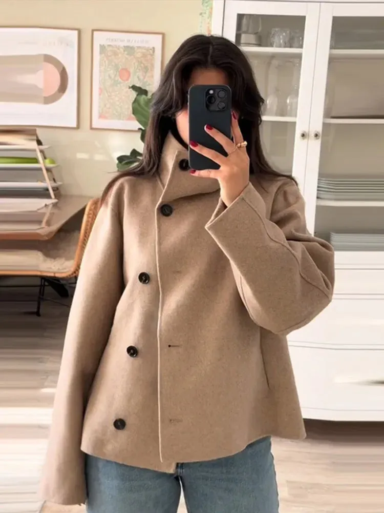 Bonnyshow Solid Color Casual Simple Women's Coat Fashion Retro Loose High Collar Single Breasted Coats Women New Windproof Outerwears