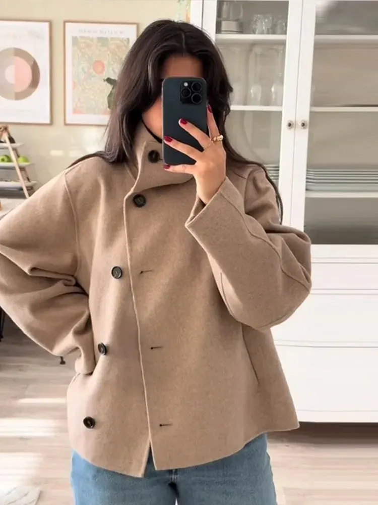 Bonnyshow Solid Color Casual Simple Women's Coat Fashion Retro Loose High Collar Single Breasted Coats Women New Windproof Outerwears