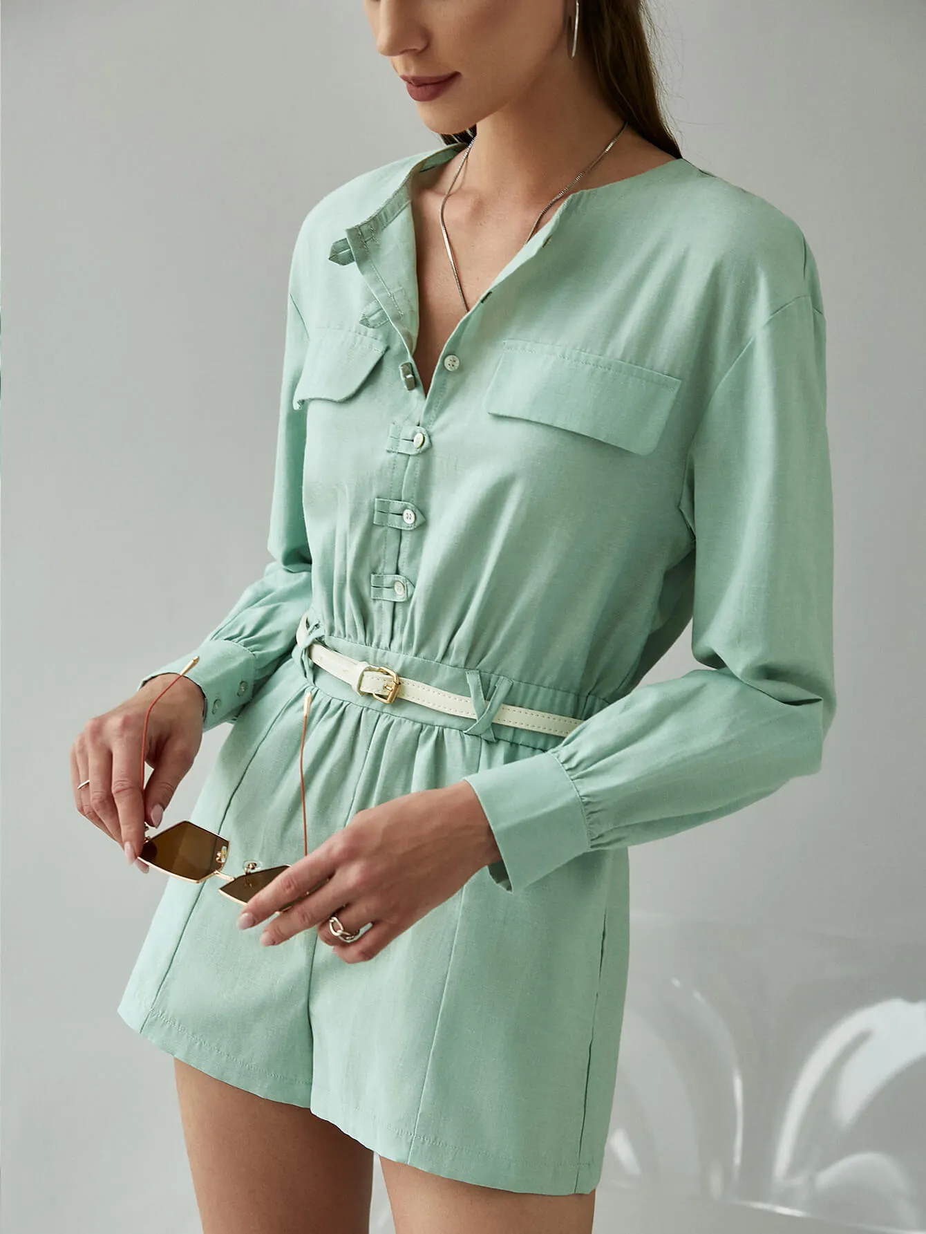 Buttoned Round Neck Romper with Pockets