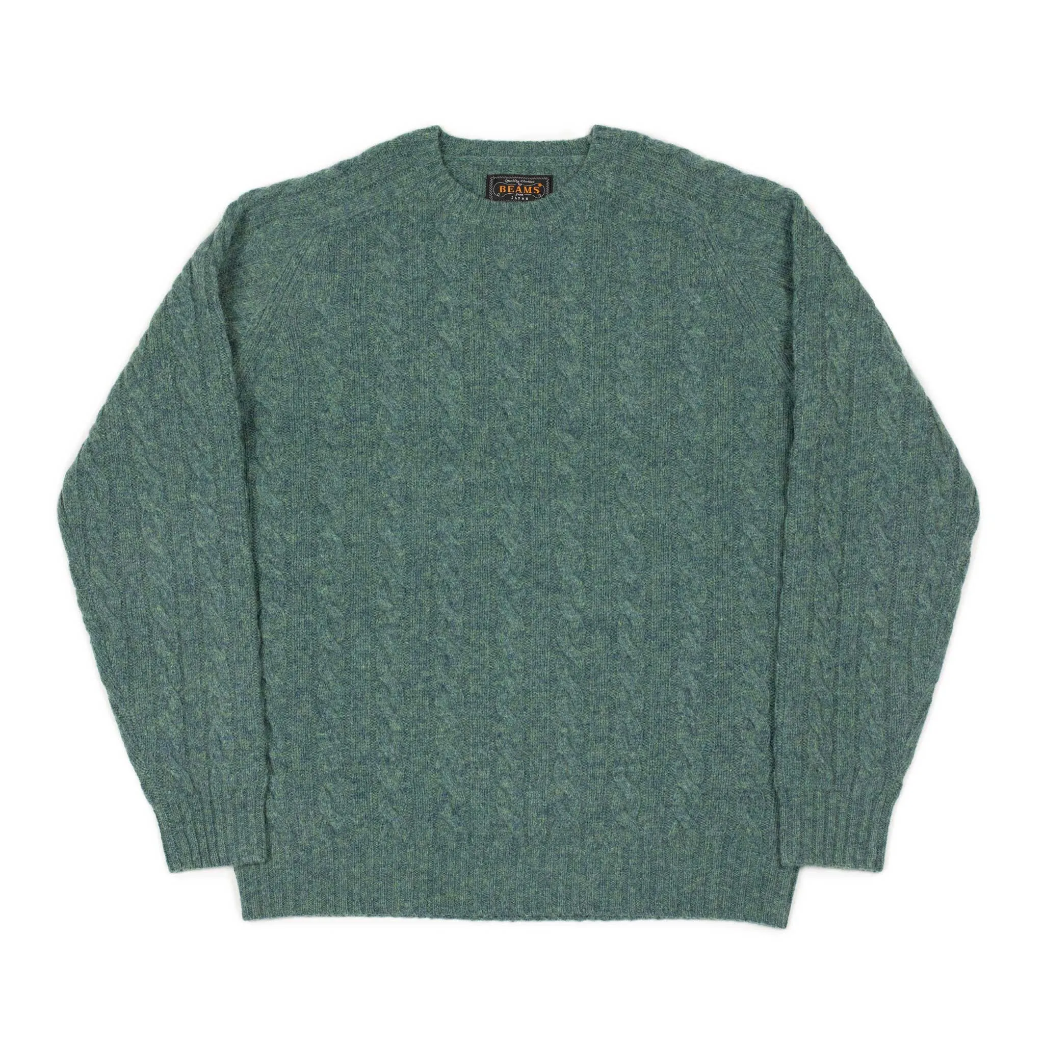 Cable crewneck sweater in sea green wool