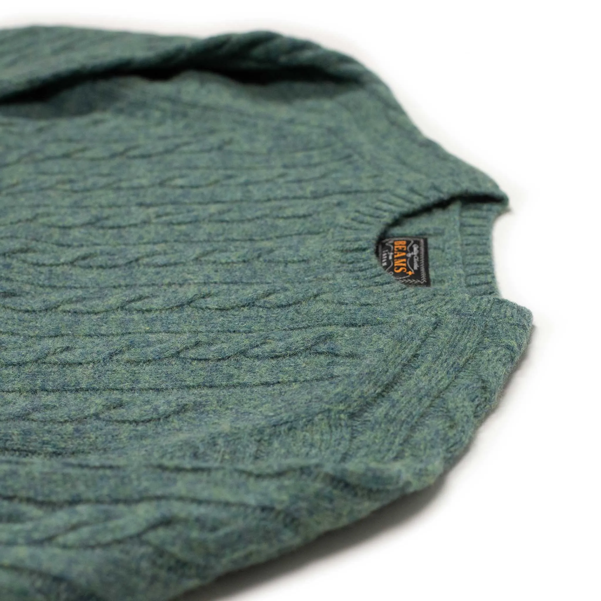 Cable crewneck sweater in sea green wool