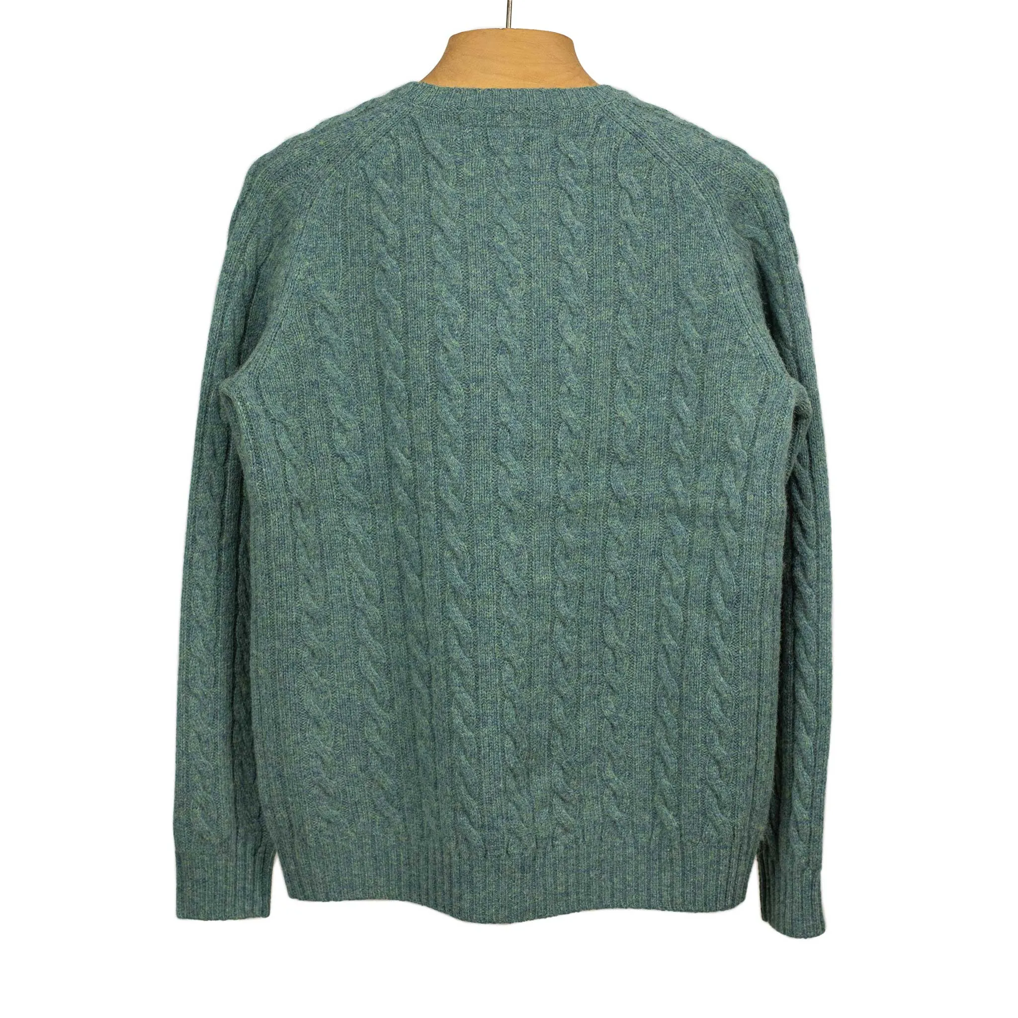 Cable crewneck sweater in sea green wool