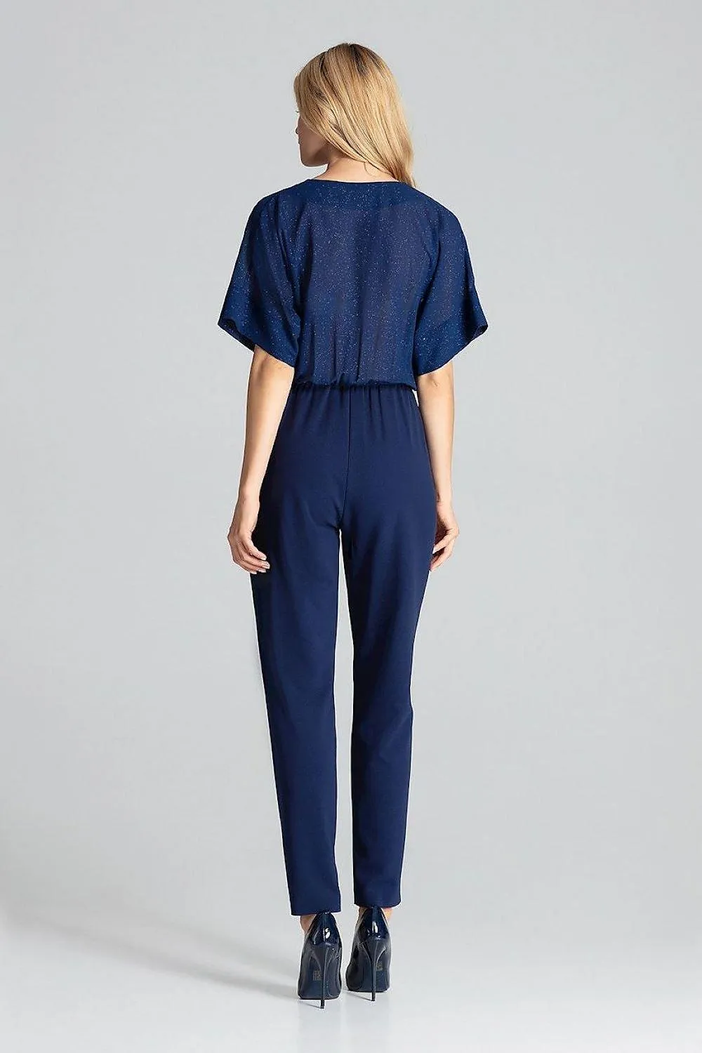 Chic Navy Blue Brocade Jumpsuit with Stylish Design