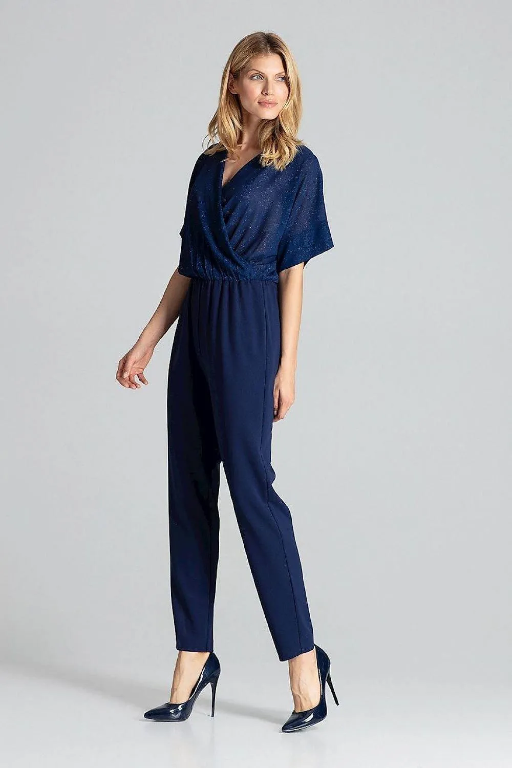 Chic Navy Blue Brocade Jumpsuit with Stylish Design