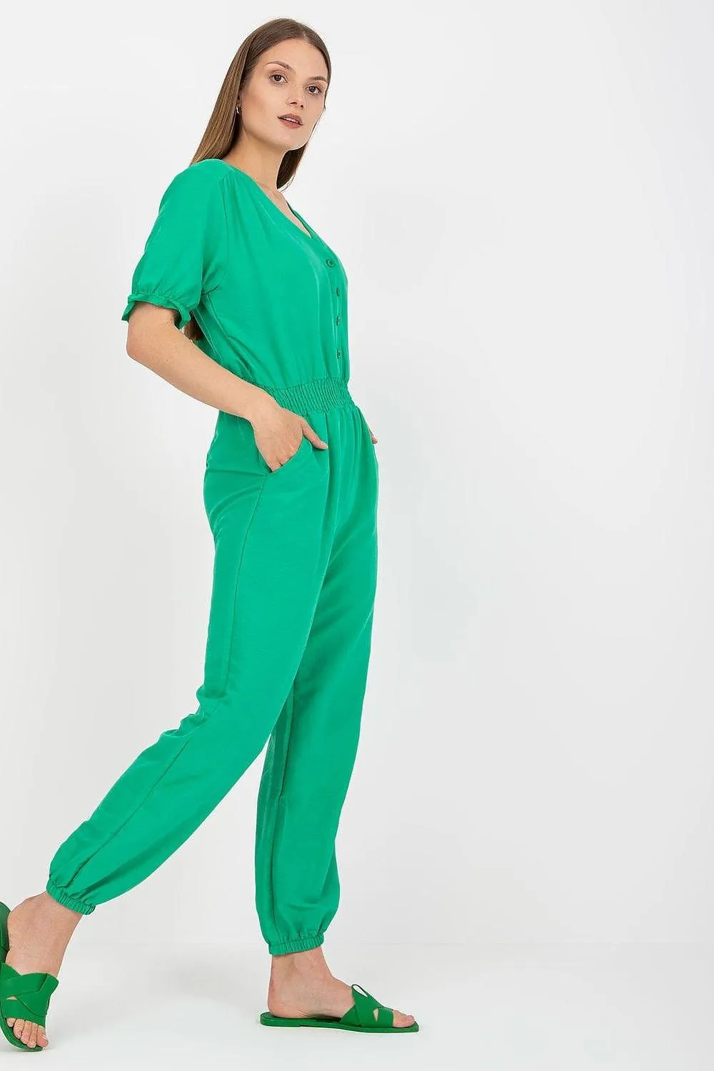 Chic Summer-Ready Parisian Jumpsuit with Frilled Sleeves and Cotton Blend Comfort