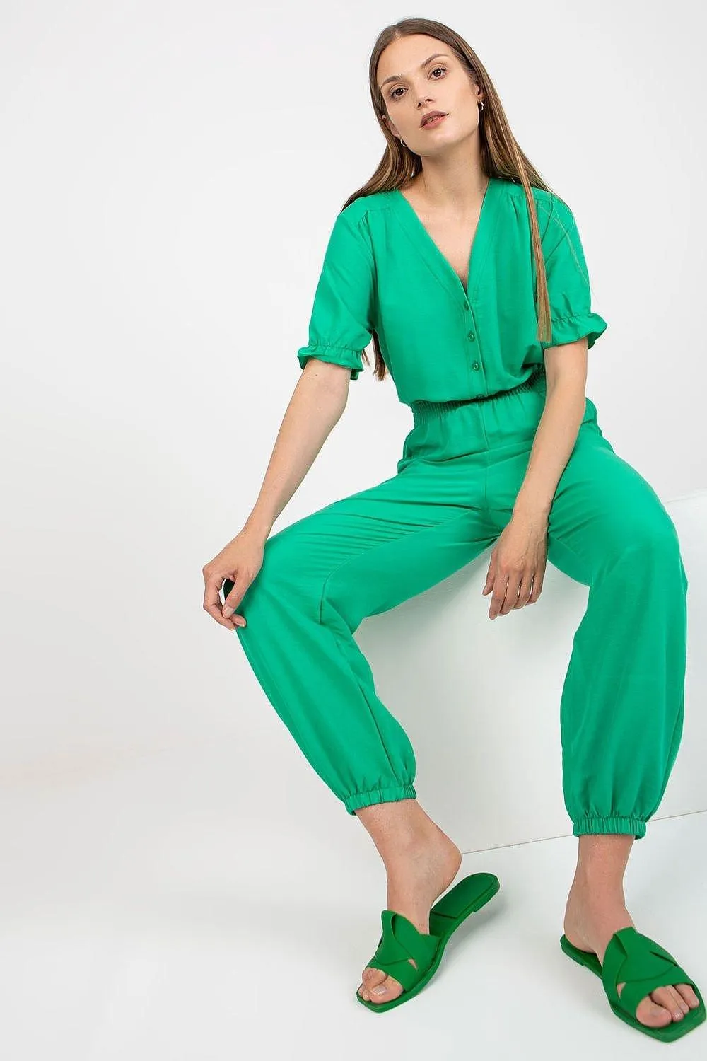 Chic Summer-Ready Parisian Jumpsuit with Frilled Sleeves and Cotton Blend Comfort