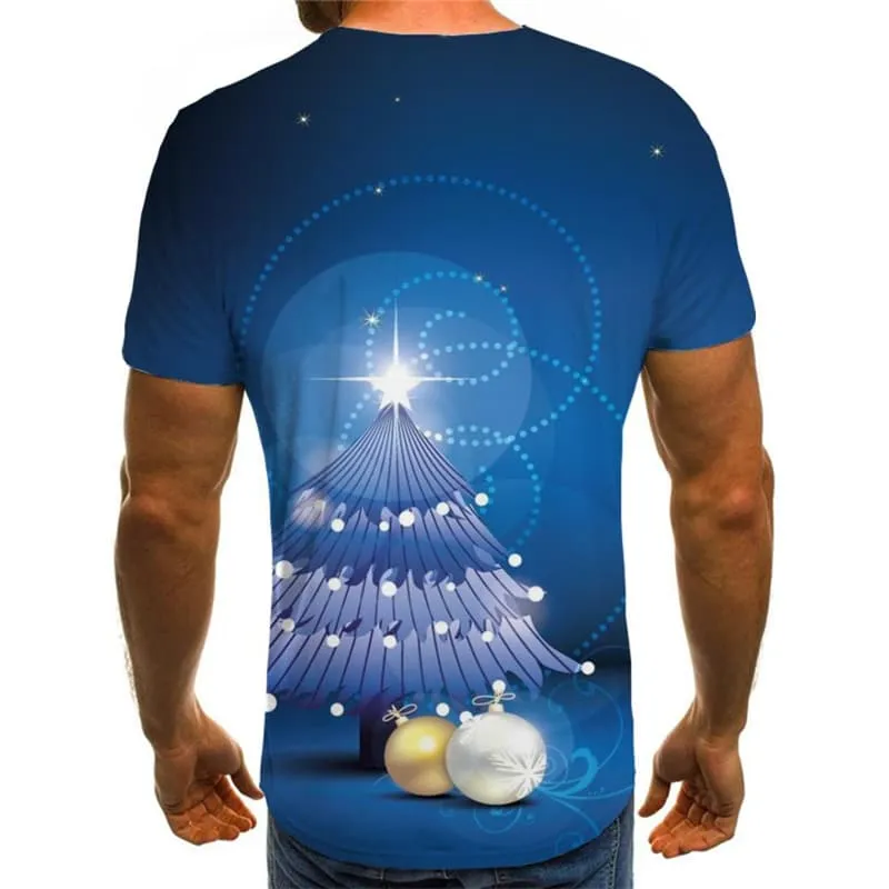 Christmas T shirts Men Christmas Tree T shirts Funny Blue Tshirts Novelty New Year Tshirts Casual Galaxy T-shirts Graphic