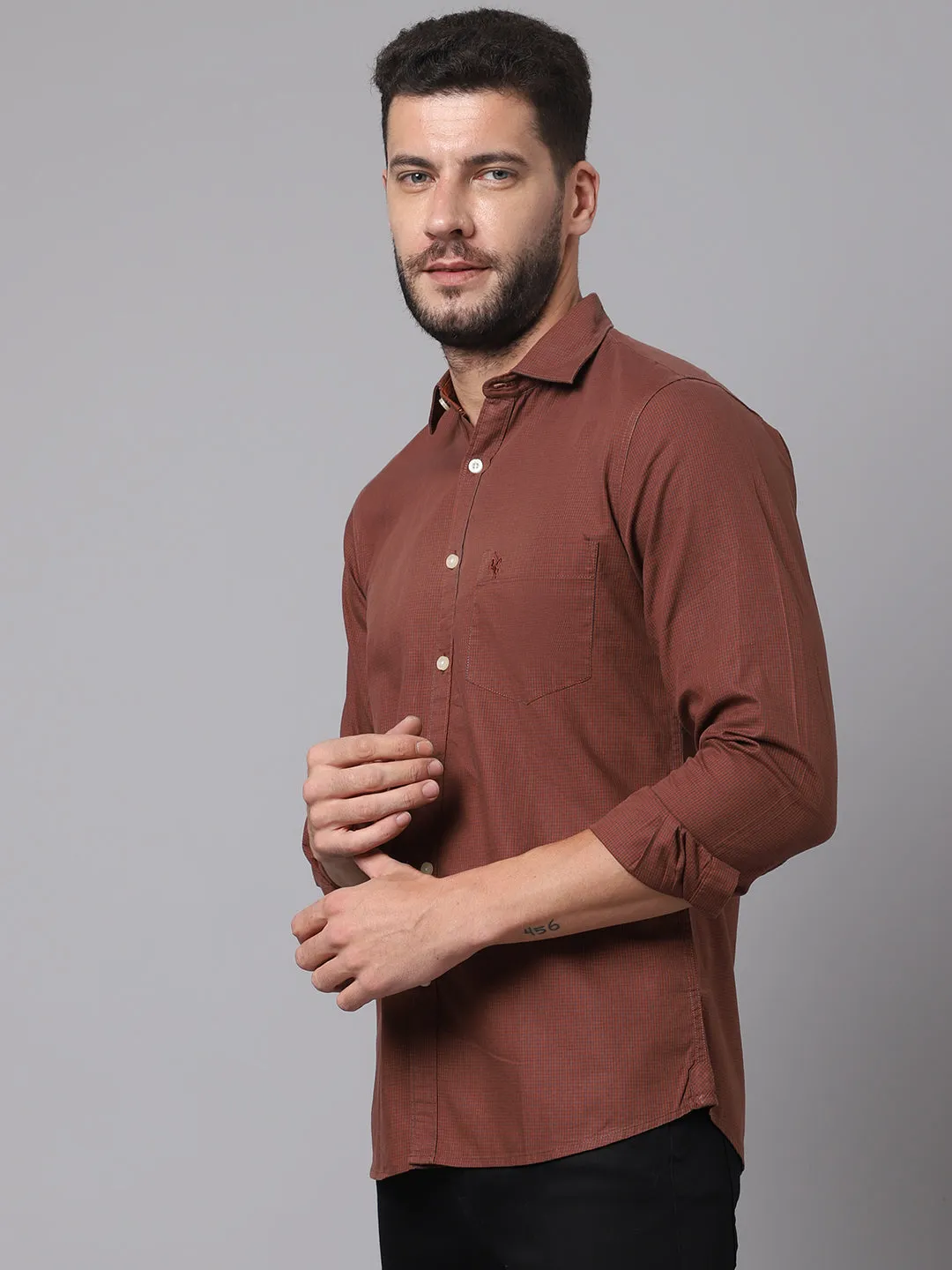 Cotton Checkered Rust Full Sleeve Regular Fit Casual Shirt for Men with Pocket