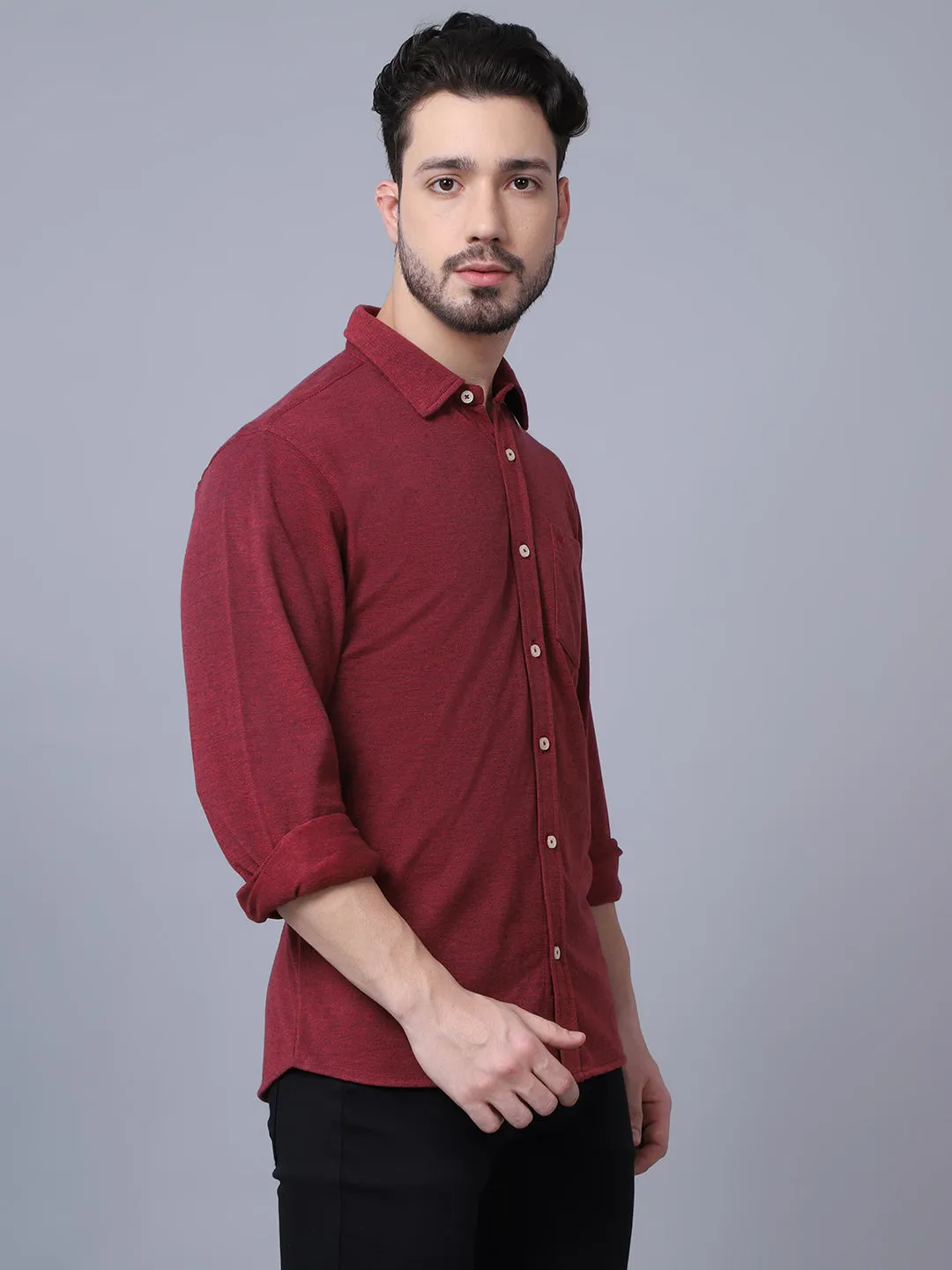 Cotton Self Design Maroon Full Sleeve Regular Fit Casual Shirt for Men with Pocket