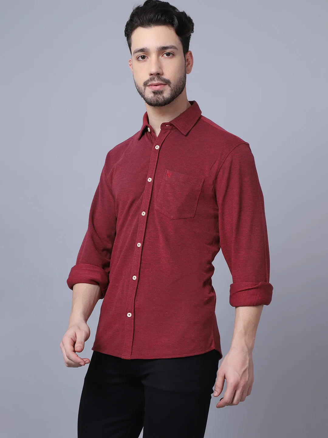 Cotton Self Design Maroon Full Sleeve Regular Fit Casual Shirt for Men with Pocket