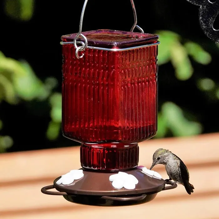 Crimson Carnation Antique Glass Gravity Hummingbird Feeder