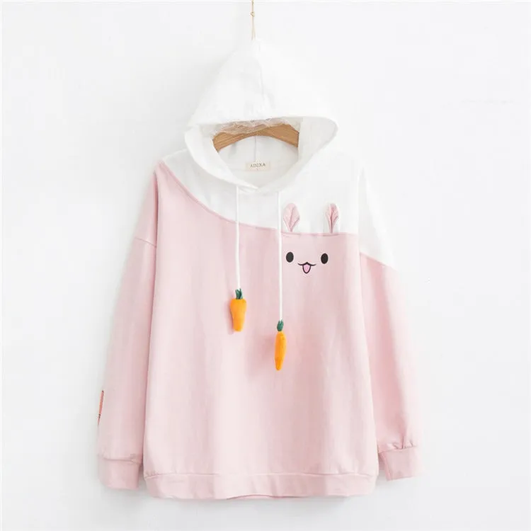 Cute and Cozy Carrot Delight: Kawaii Bunny Drawstring Sweatshirt - Whisk Yourself Away to Comfort! 🐰🥕