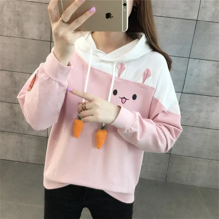 Cute and Cozy Carrot Delight: Kawaii Bunny Drawstring Sweatshirt - Whisk Yourself Away to Comfort! 🐰🥕