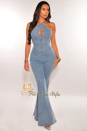 Denim Halter Keyhole Bell Bottom Jumpsuit