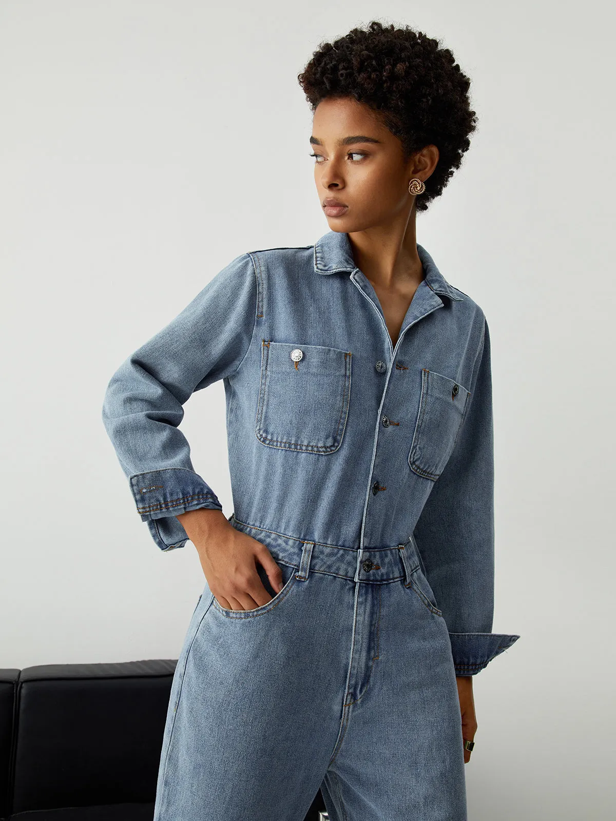 Denim Pockets Button Trendy Down Long Sleeve Overalls