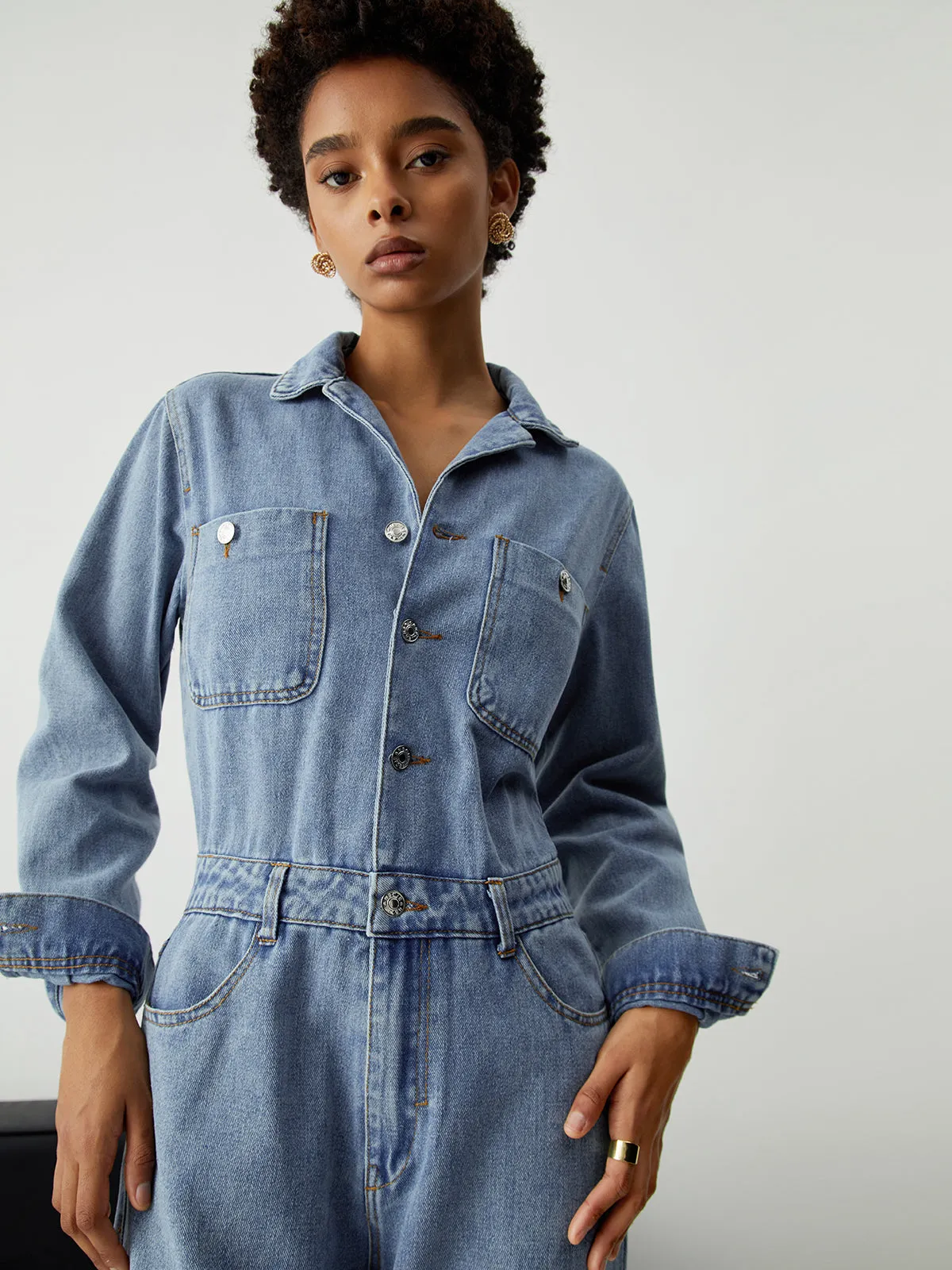 Denim Pockets Button Trendy Down Long Sleeve Overalls