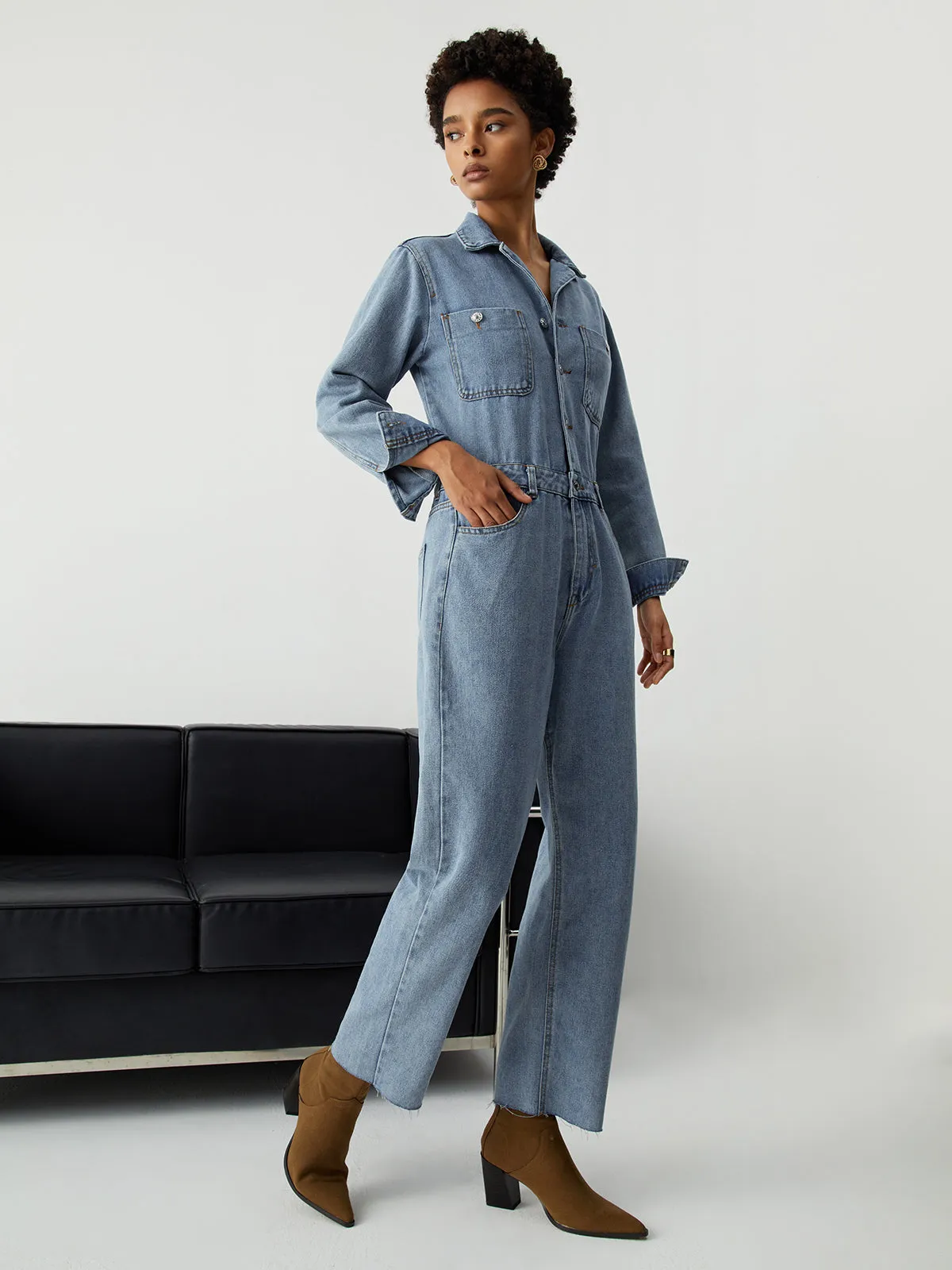 Denim Pockets Button Trendy Down Long Sleeve Overalls