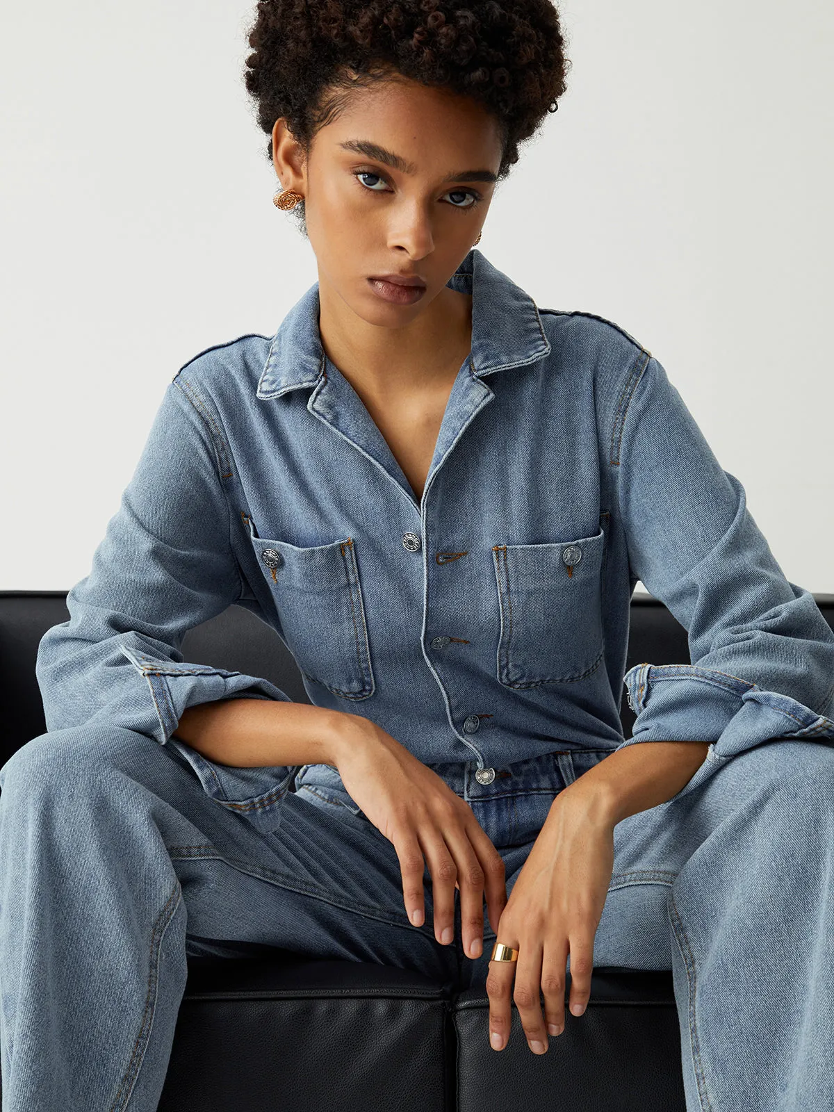 Denim Pockets Button Trendy Down Long Sleeve Overalls