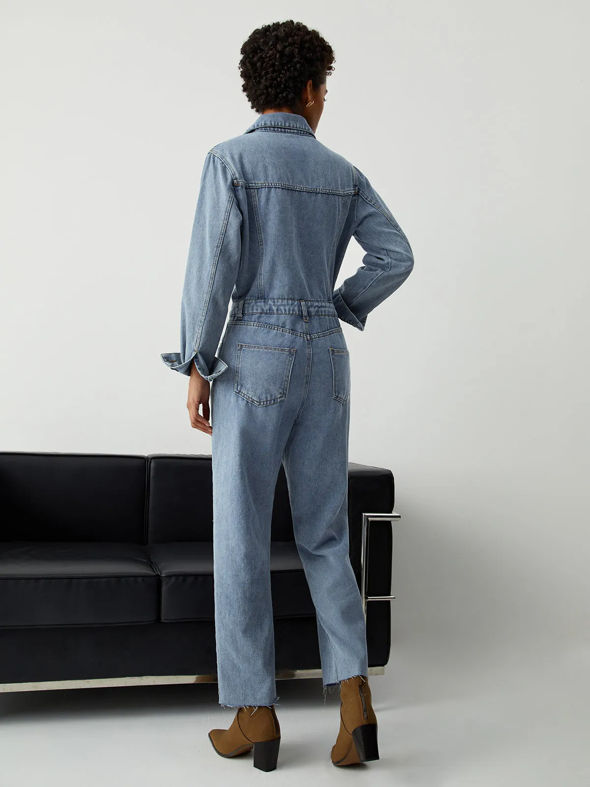 Denim Pockets Button Trendy Down Long Sleeve Overalls