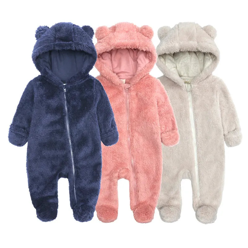 Flannel Thick Warm Zipper Bear Ear Hooded Outfit Snowsuit Baby Romper