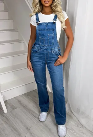 Jump Onboard Mid Blue Stretch Denim Straight Leg Dungarees