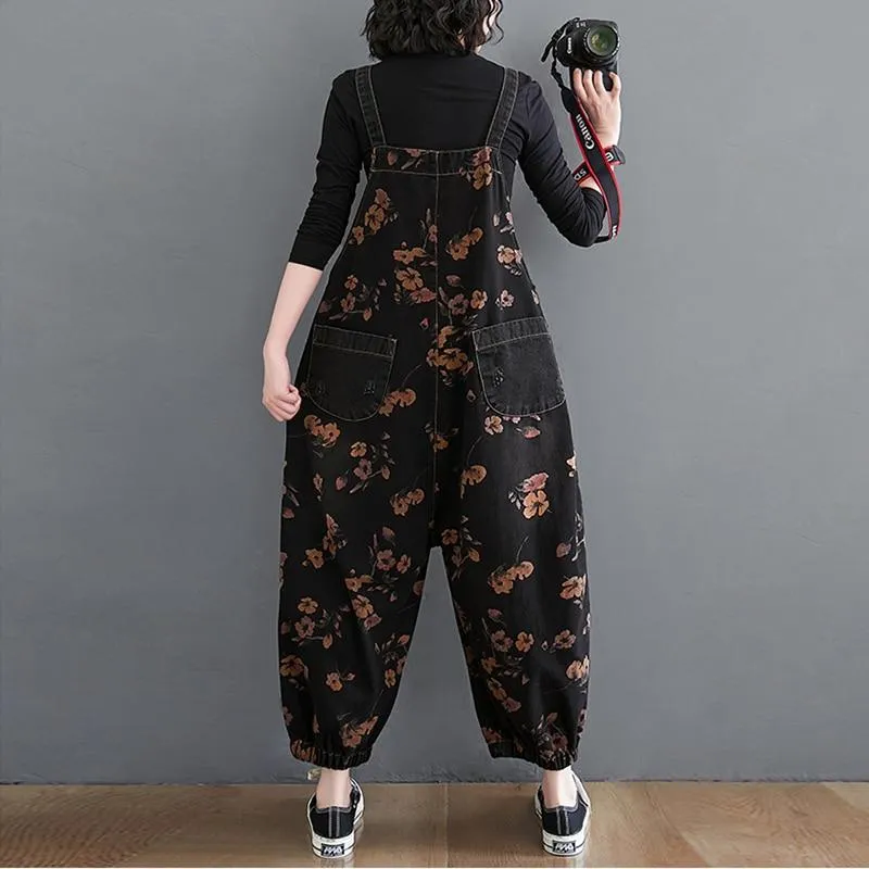 Loose Jeans Jumpsuit Women Casual Baggy Pants Floral Denim Overalls