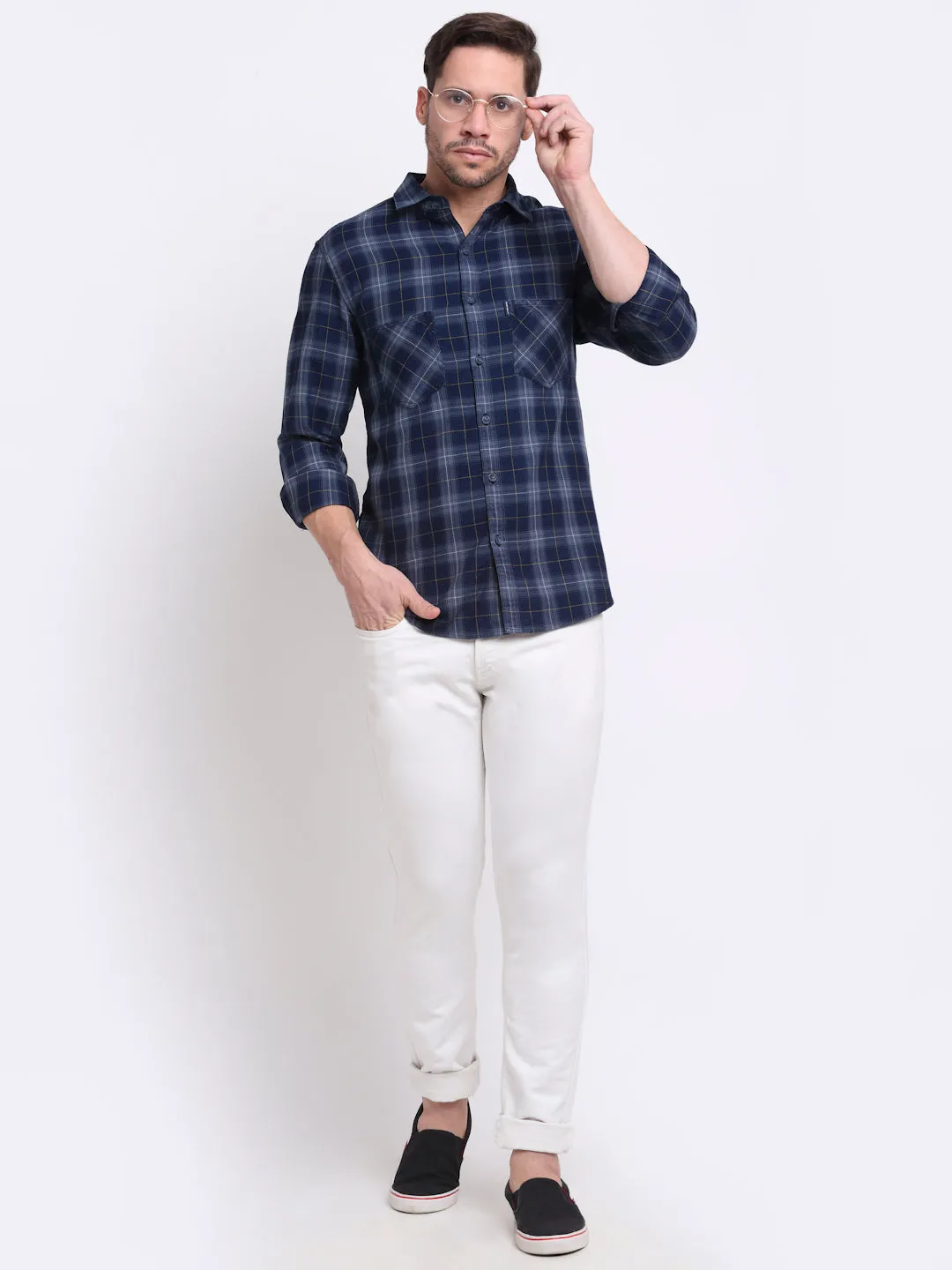 Men Cotton Checkered Blue Full Sleeve Casual Shirt for Men with Pocket