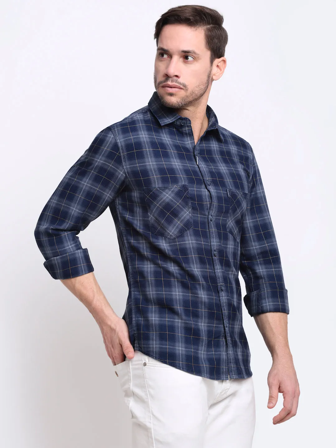 Men Cotton Checkered Blue Full Sleeve Casual Shirt for Men with Pocket