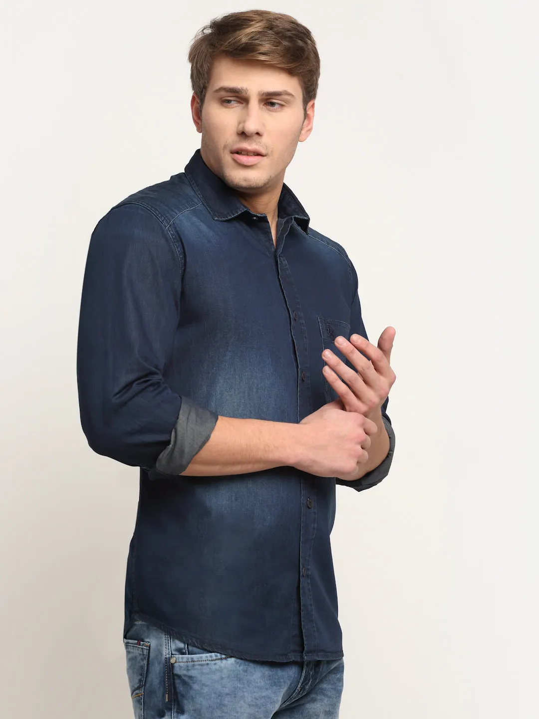 Men Cotton Solid Dark Blue Full Sleeve Casual Shirt for Men with Pocket