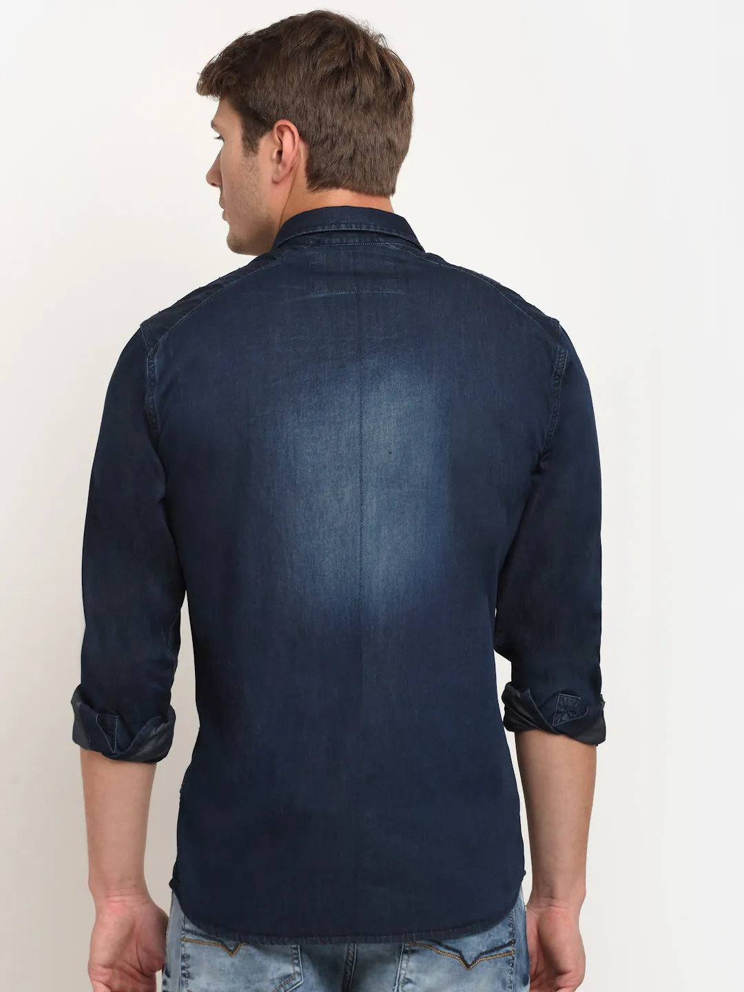 Men Cotton Solid Dark Blue Full Sleeve Casual Shirt for Men with Pocket