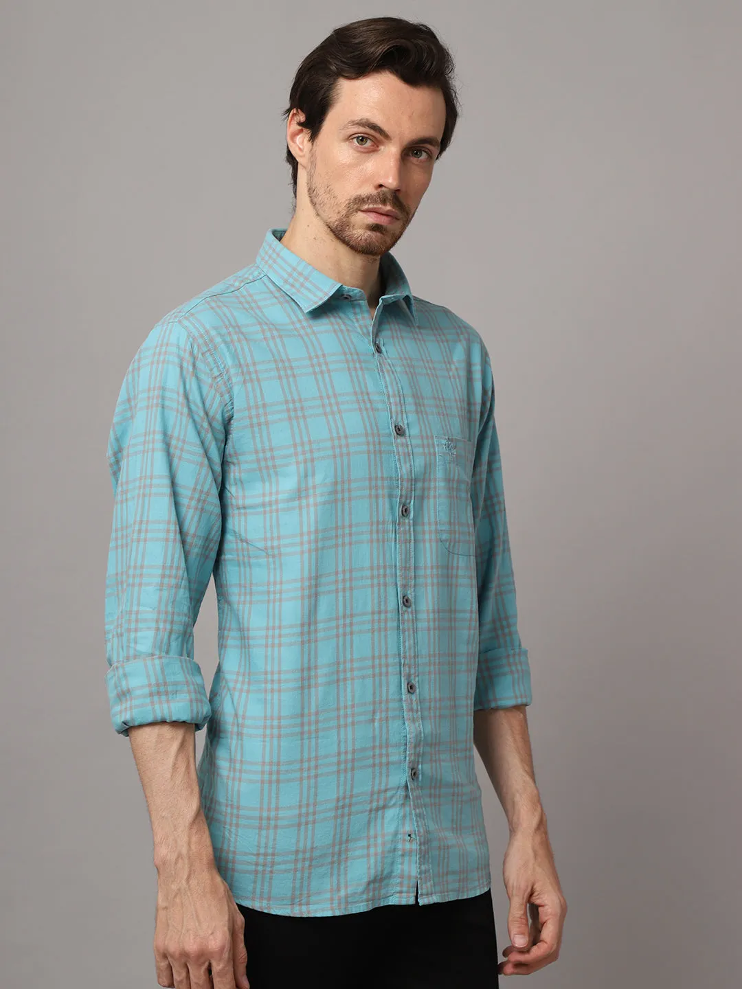 Men's Aqua Blue Casual Medium Checks Full Sleeve Shirt