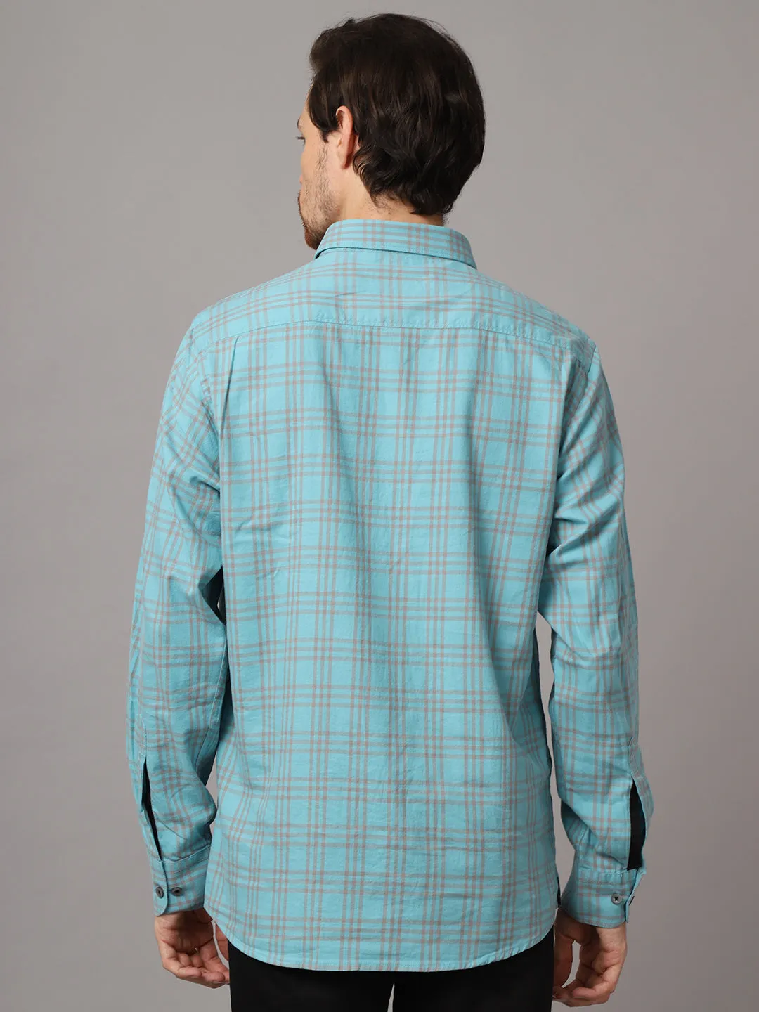 Men's Aqua Blue Casual Medium Checks Full Sleeve Shirt