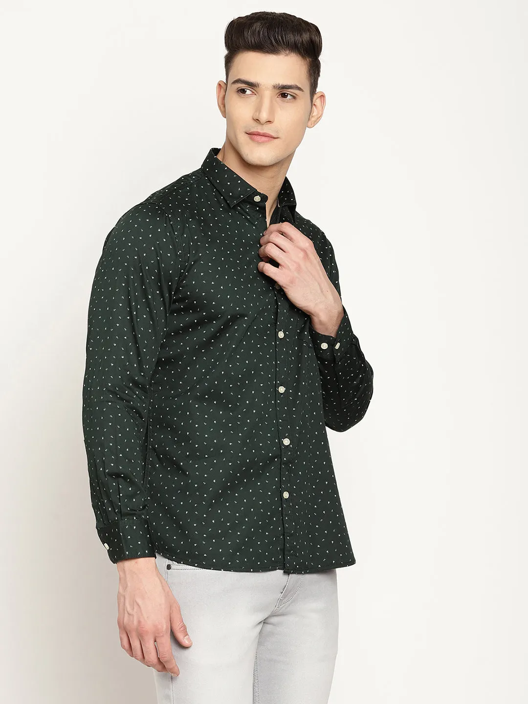 Men's Bottle Green Casual Ditsy Print Full Sleeve Shirt