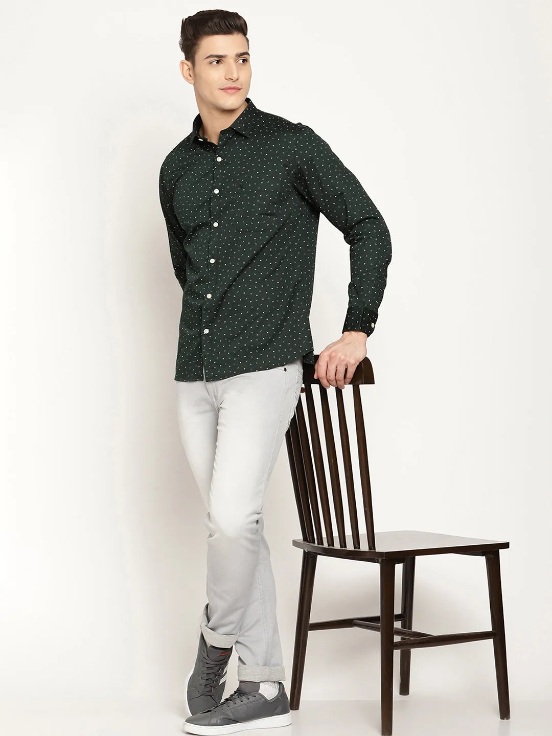 Men's Bottle Green Casual Ditsy Print Full Sleeve Shirt