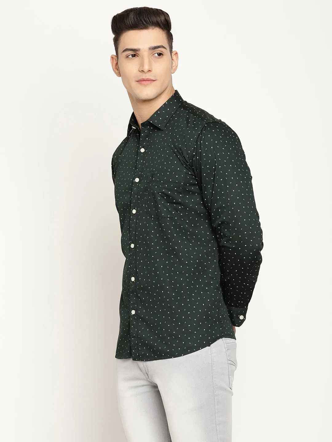 Men's Bottle Green Casual Ditsy Print Full Sleeve Shirt