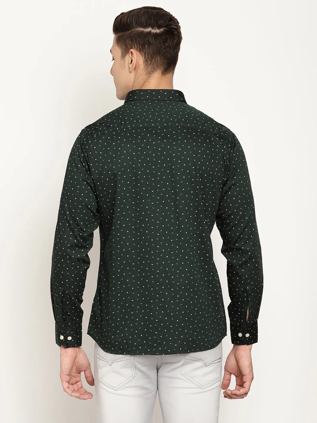 Men's Bottle Green Casual Ditsy Print Full Sleeve Shirt