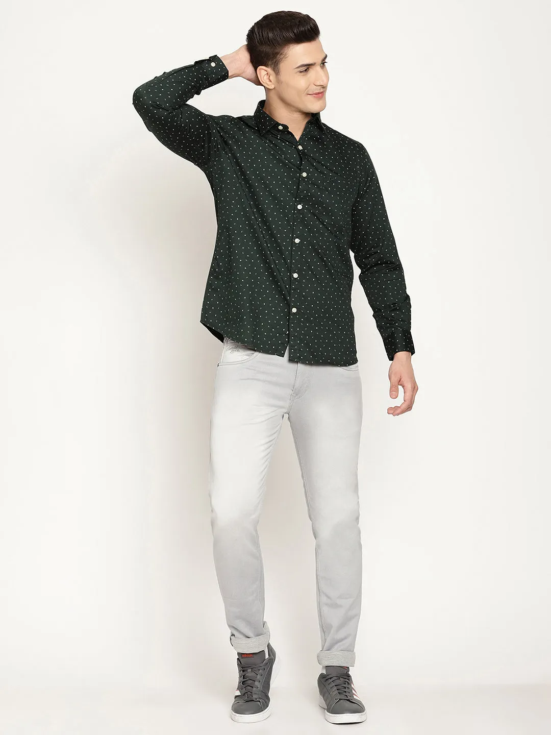 Men's Bottle Green Casual Ditsy Print Full Sleeve Shirt