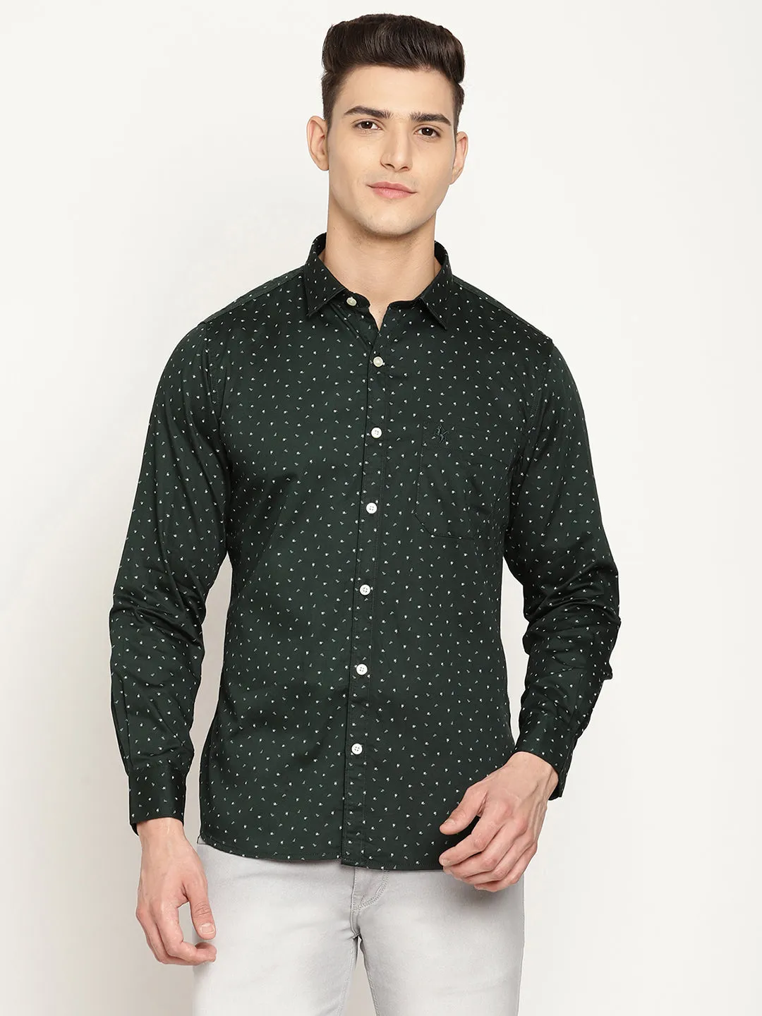 Men's Bottle Green Casual Ditsy Print Full Sleeve Shirt