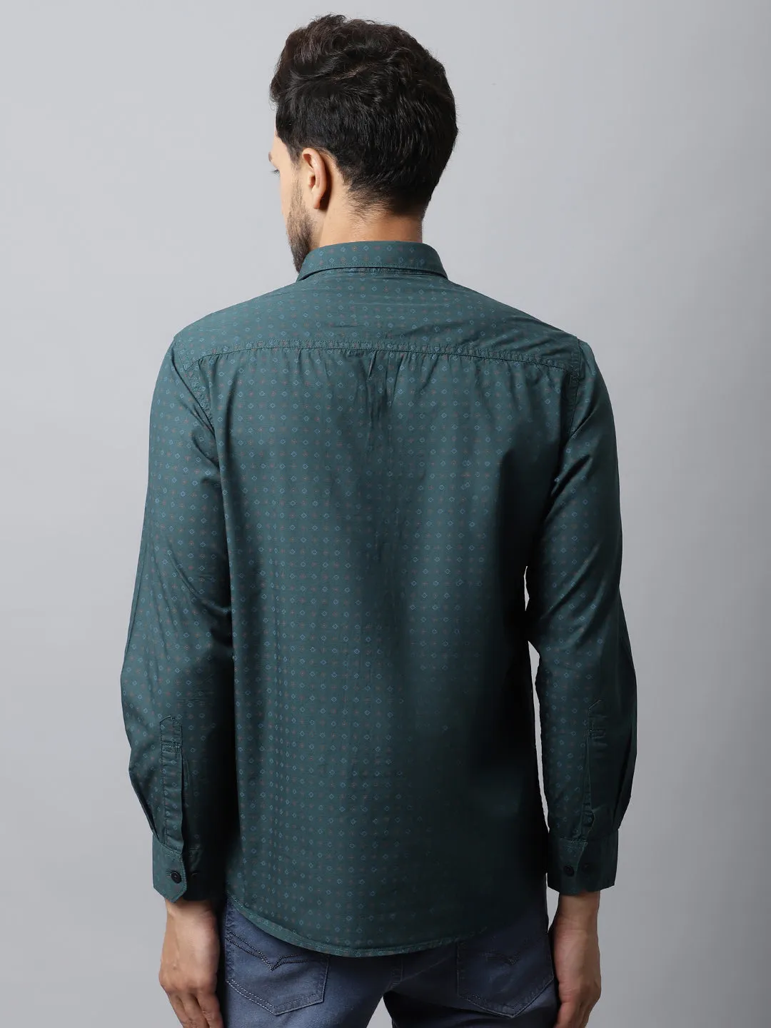 Men's Bottle Green Casual Geometric Print Full Sleeve Shirt